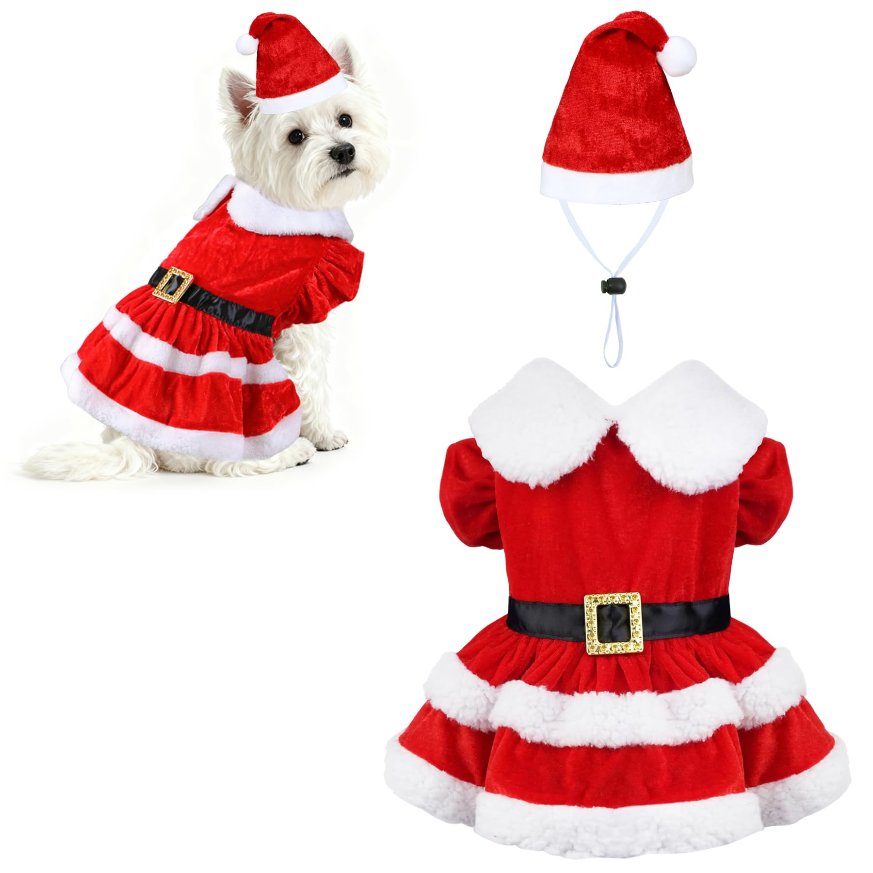 PAYHTOW dog Christmas dress with Santa hat on festive pup for photos