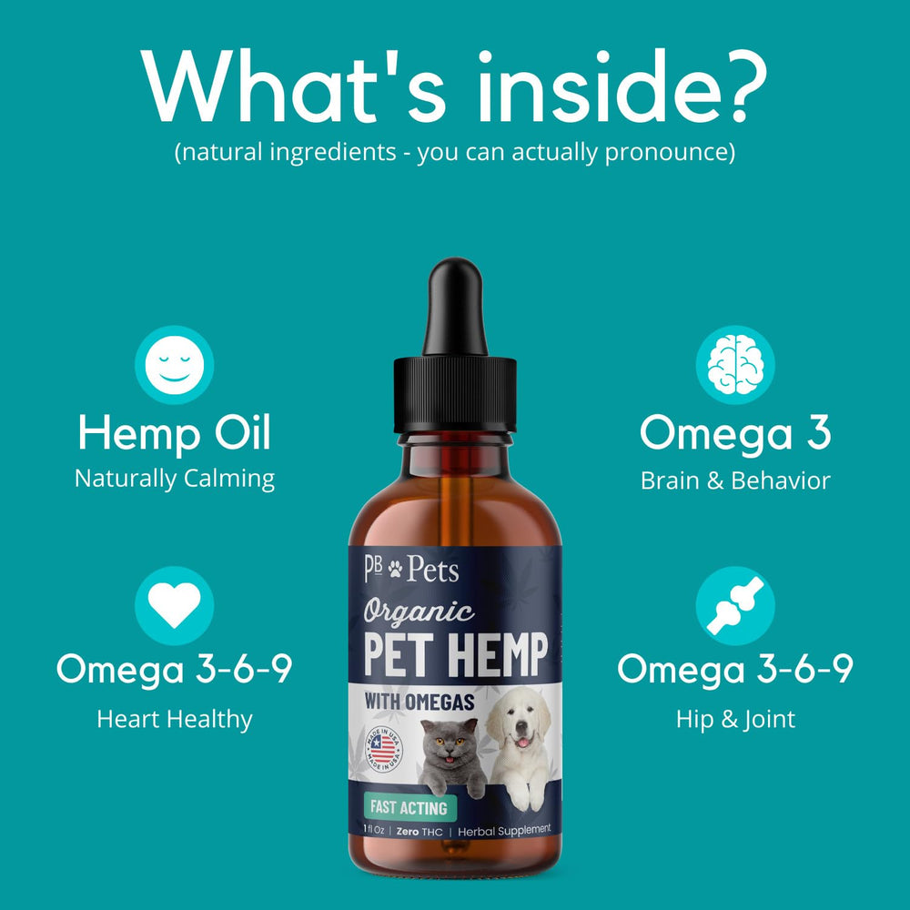 PB Pets Organic Hemp Oil cat bottle highlights gentle joint support and coat health.