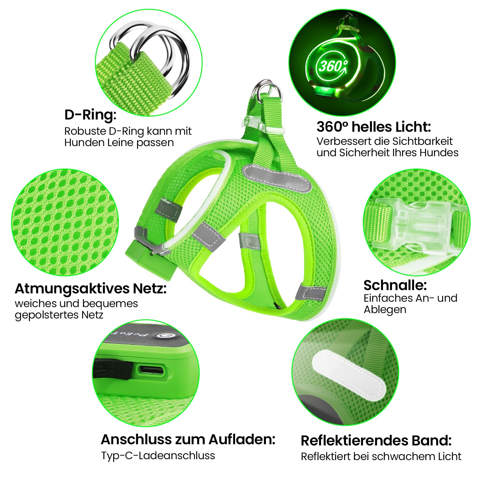 PcEoTllar LED Dog Harness green night-visibility mode, showing flashing options for twilight walks.