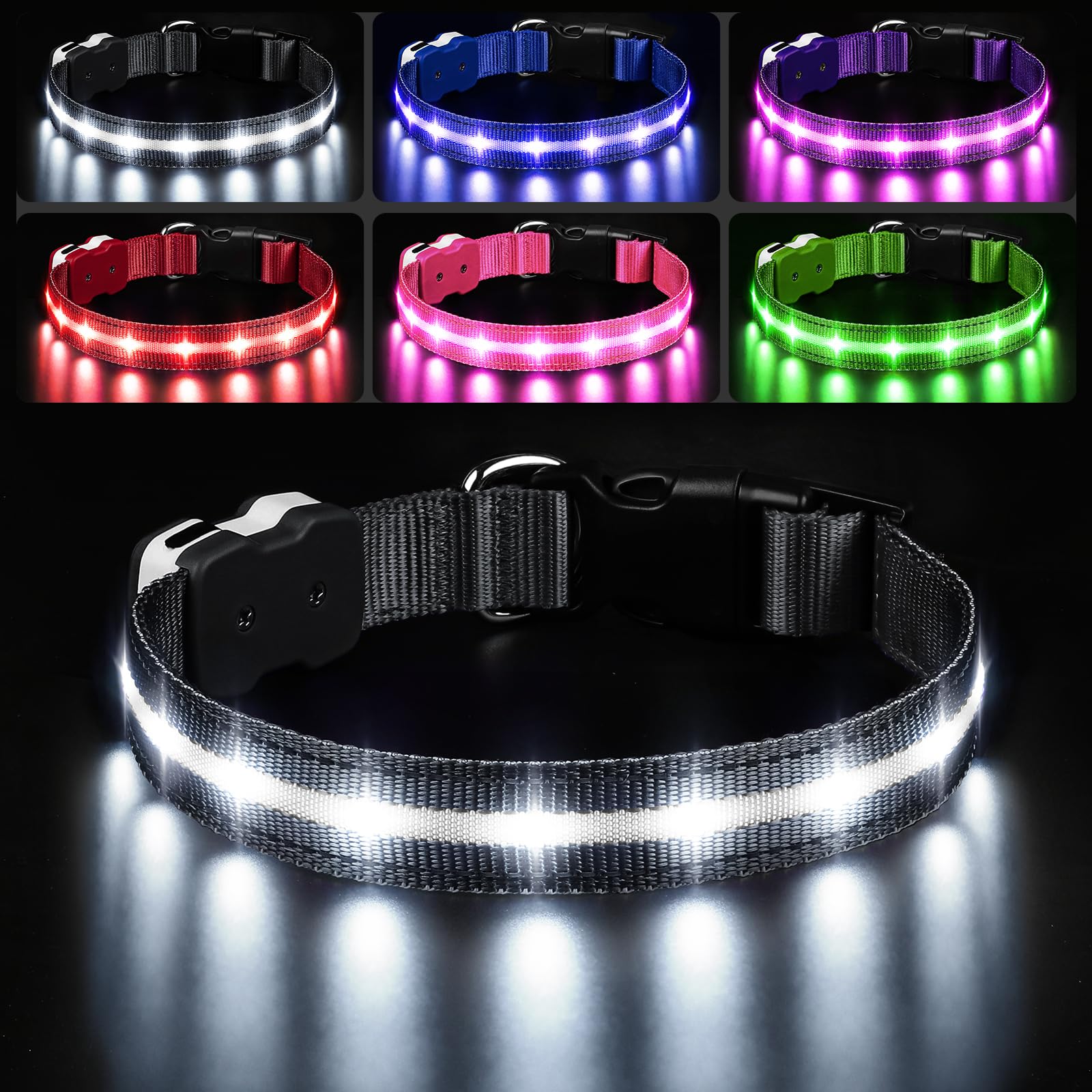 PcEoTllar light-up dog collar with buckle for safer night walks.