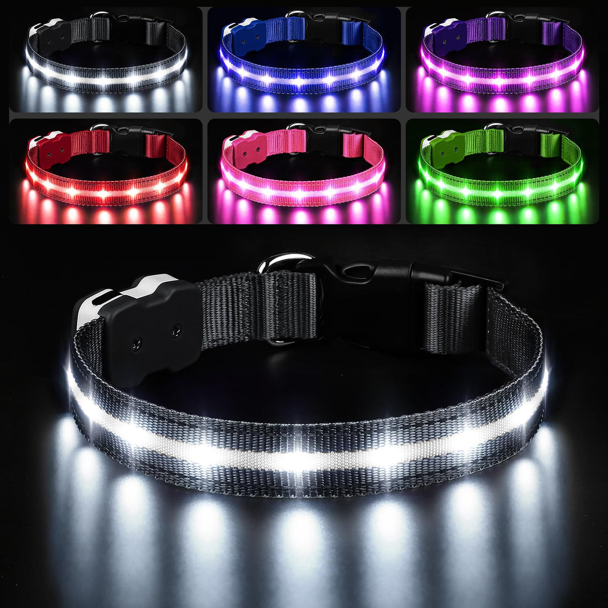 PcEoTllar light-up dog collar with buckle for safer night walks.