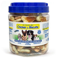 PCI Pet Center Inc. chicken biscuits canister showing convenient, high-protein dog rewards