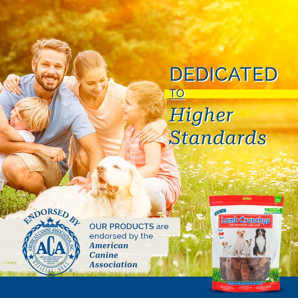 PCI Lamb Crunchys serving idea with a happy dog enjoying crunch