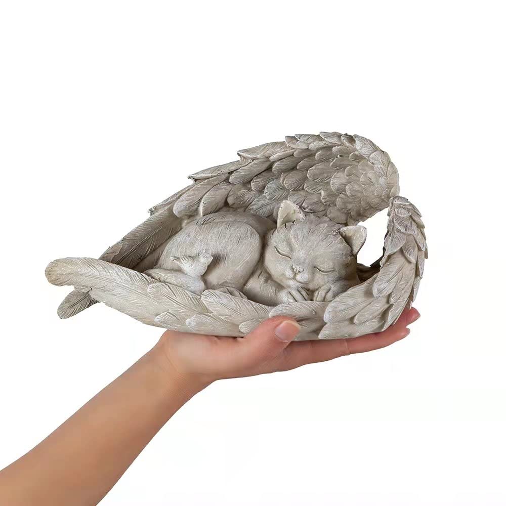 Peaceful Sleeping Cat Statue with feathered angel wings inspires gentle remembrance.