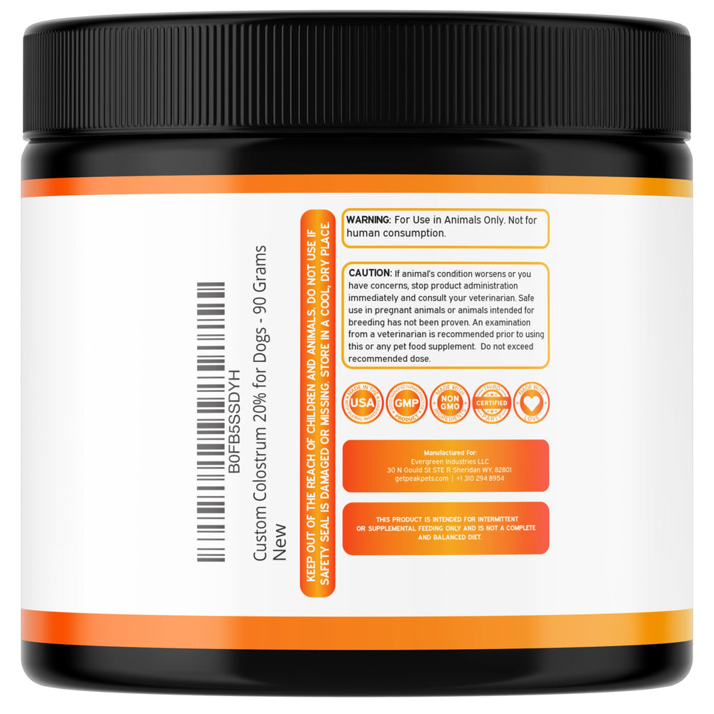Peak Pets bovine colostrum dog packaging emphasizing USA-made quality