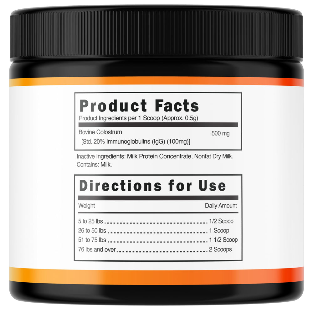 Peak Pets bovine colostrum powder texture shown for convenient daily feeding
