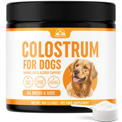 Peak Pets bovine colostrum dog tub with scoop for easy daily serving and immune support