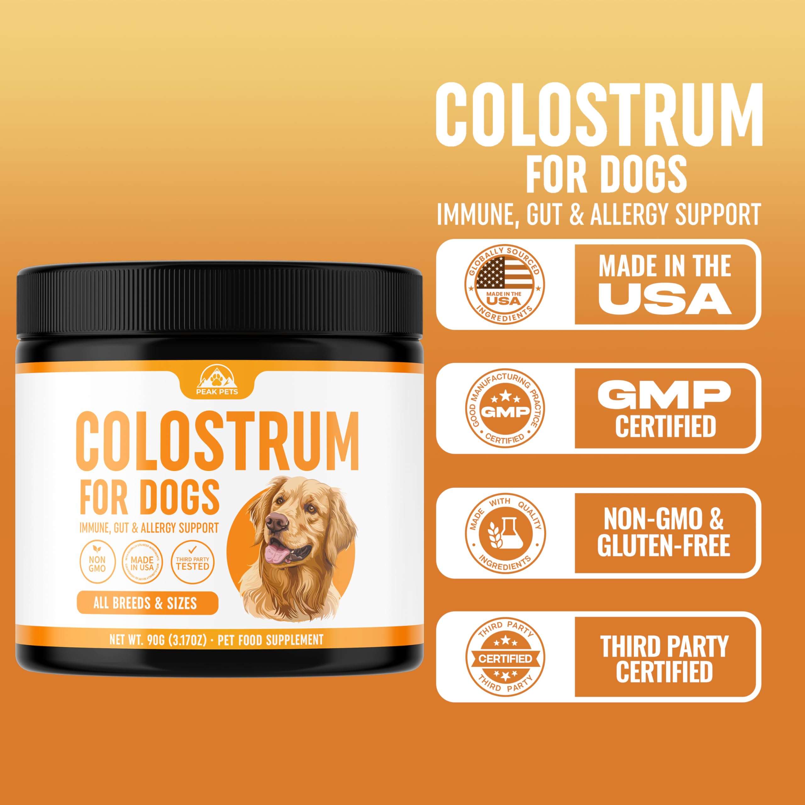 Peak Pets bovine colostrum powder close-up highlighting pure, filler-free ingredients