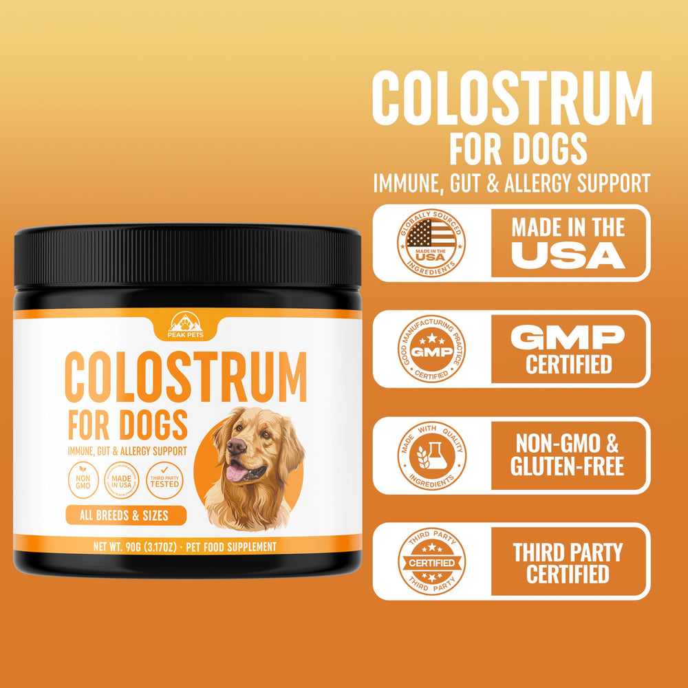 Peak Pets bovine colostrum powder close-up highlighting pure, filler-free ingredients