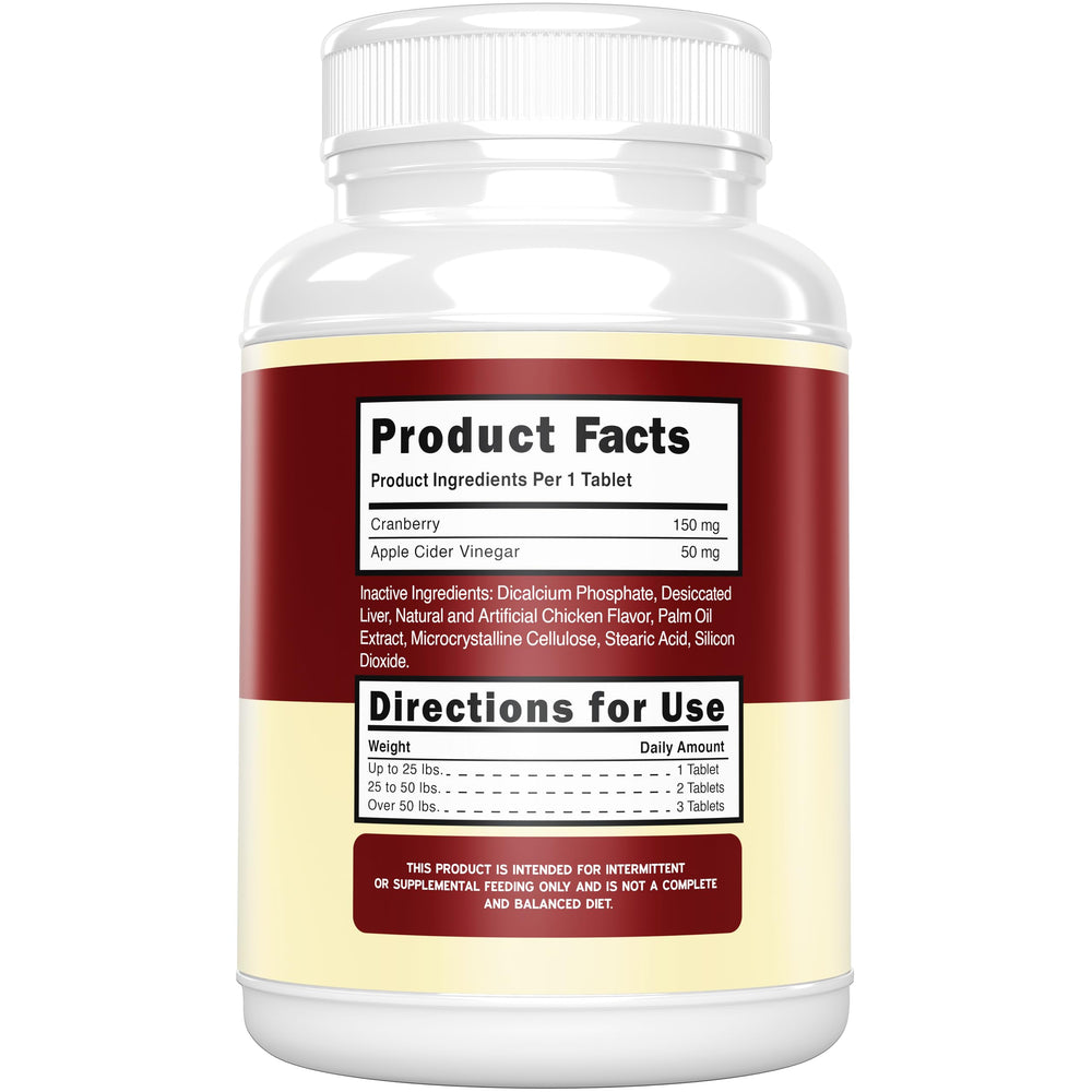 Peak Pets cranberry tablets image shows chicken-flavor tablets dogs enjoy for urinary balance.