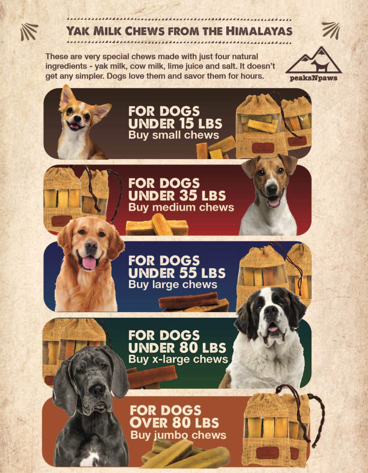 peaksNpaws Yak Cheese Himalayan Chews for medium dogs image targets dogs under 35 lbs