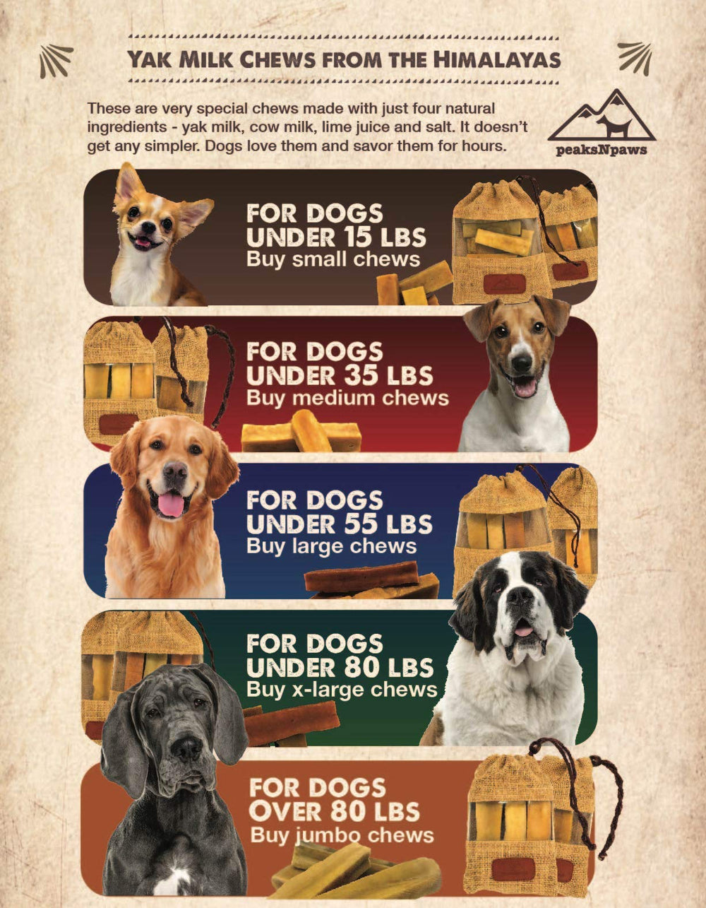 peaksNpaws Yak Cheese Himalayan Chews for medium dogs image targets dogs under 35 lbs