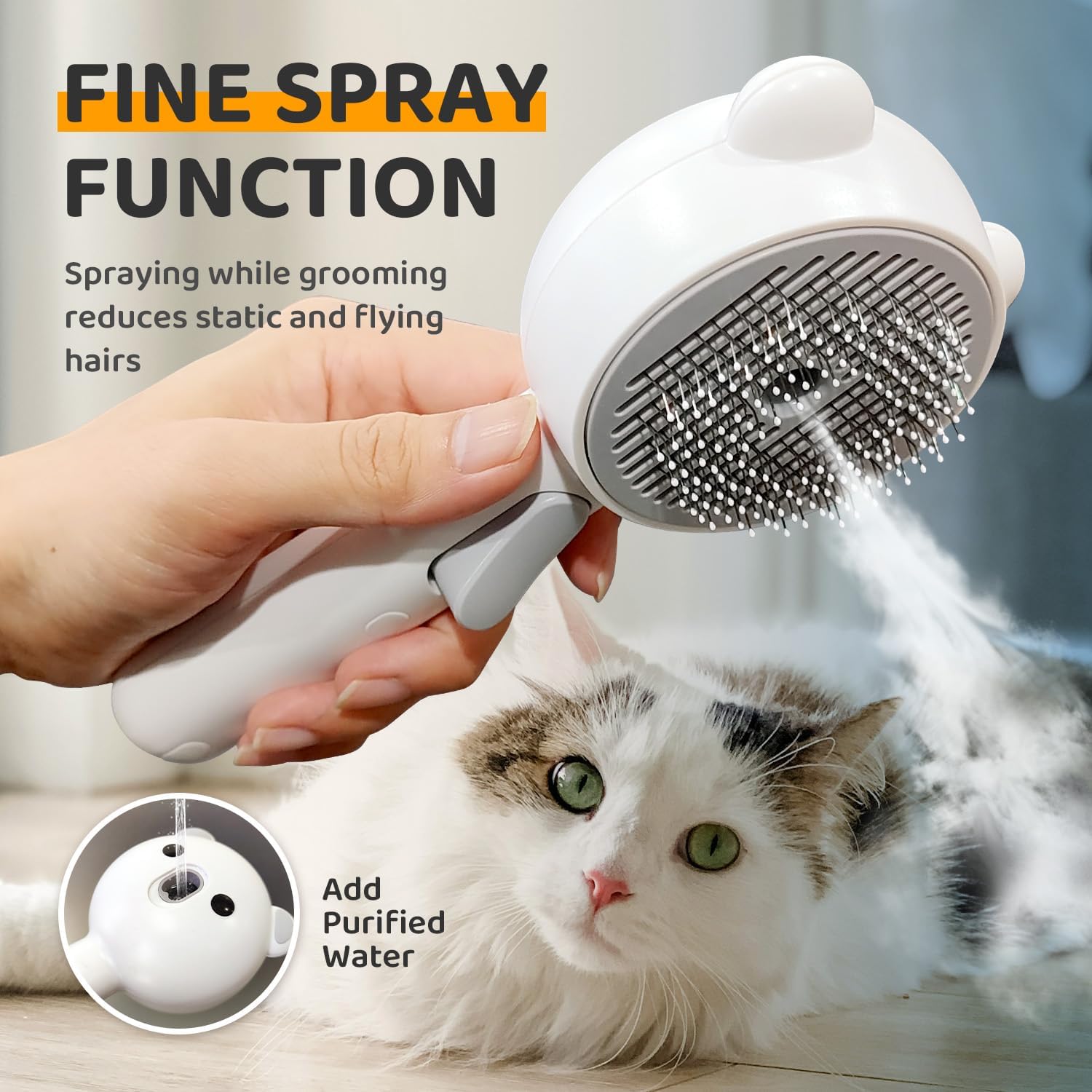 Pecait Cat Steam Brush tackles debris while detangling fur in one pass.