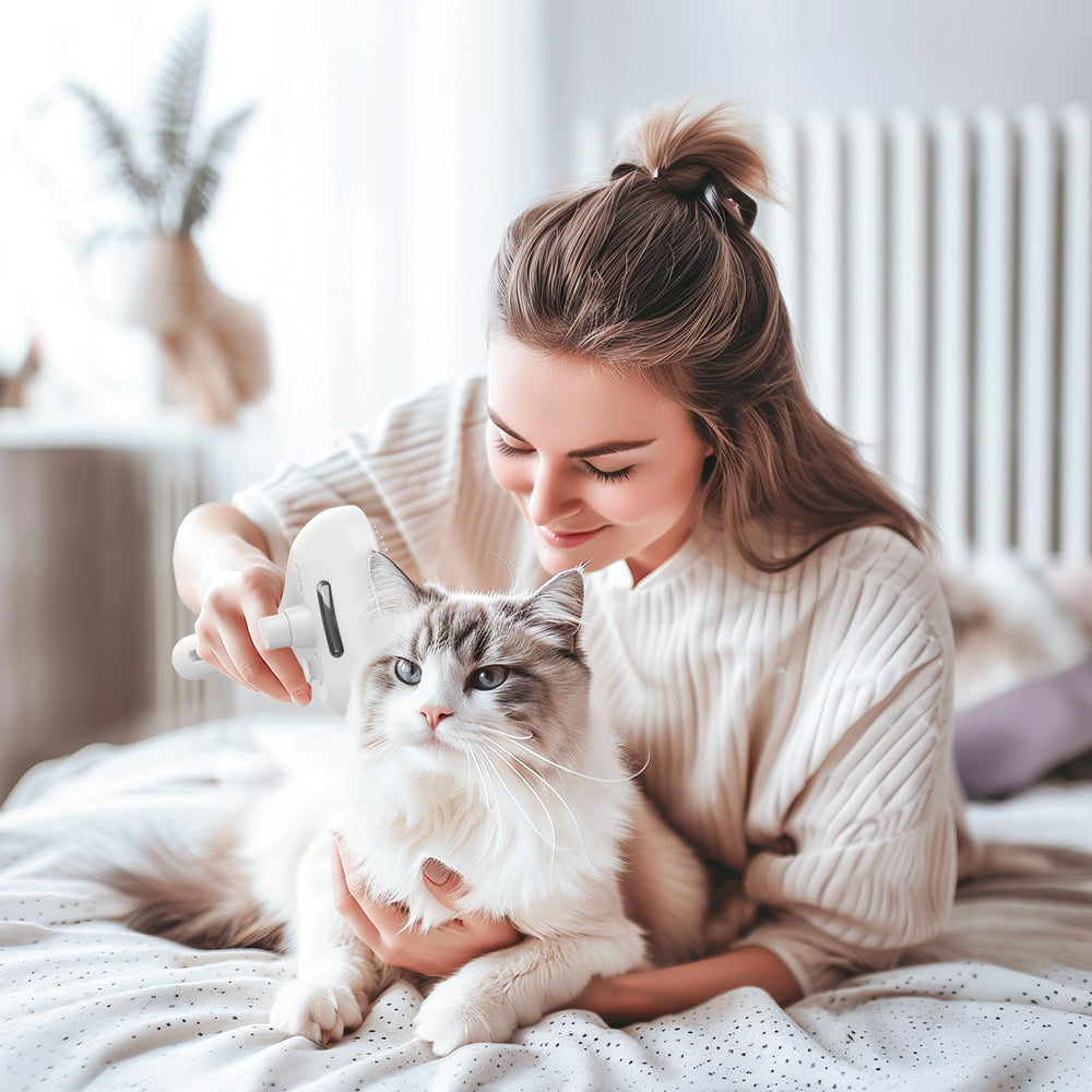Pecait Cat Steam Brush in use on a mixed coat pet for versatile grooming.