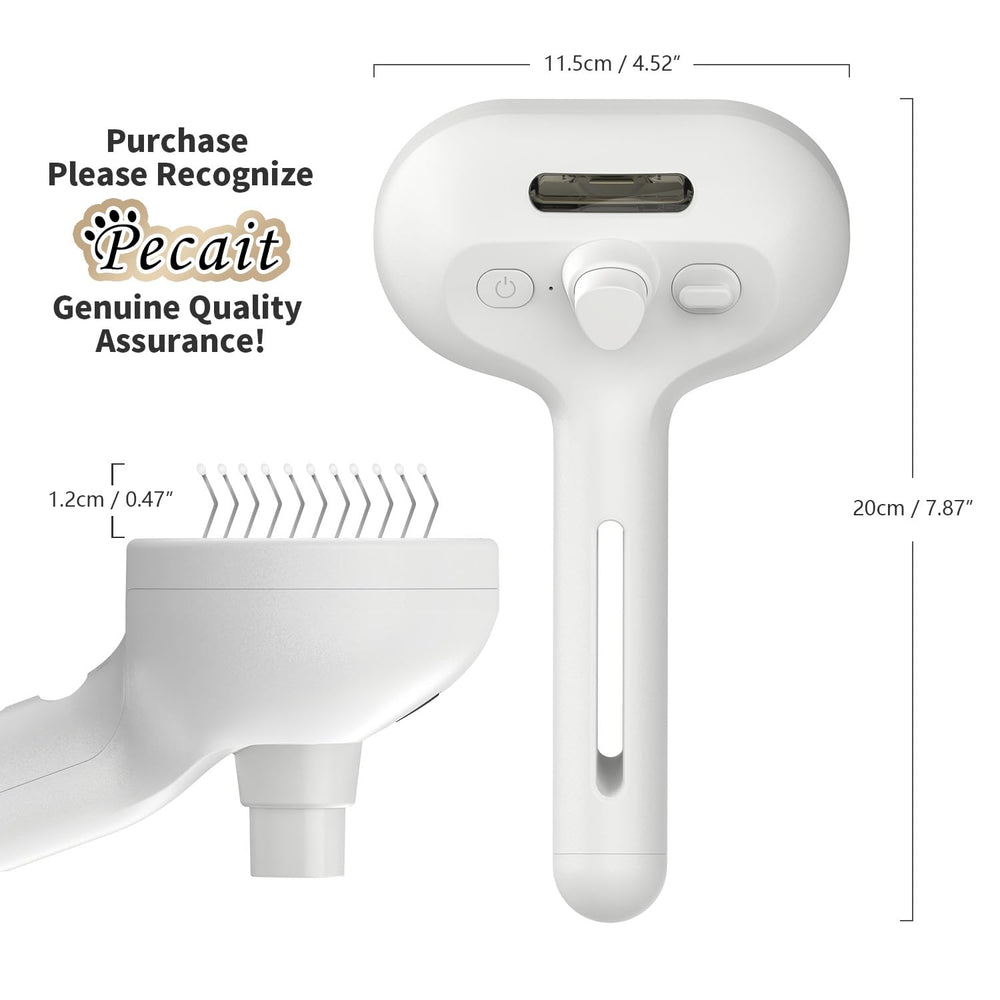 Pecait Cat Steam Brush water tank demonstrates warm-water option for cozy grooming.