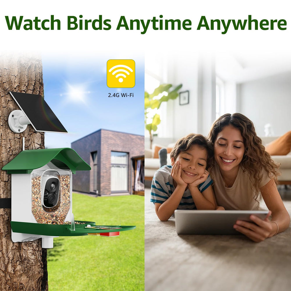PeckCam solar panel powers continuous watching during sunny and cloudy days.