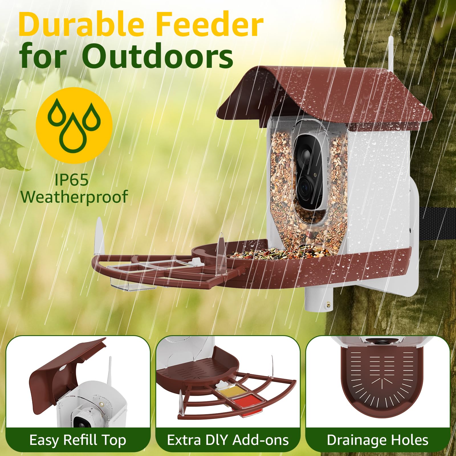 PeckCam weatherproof IP65 frame protects against rain and sun for outdoor use.