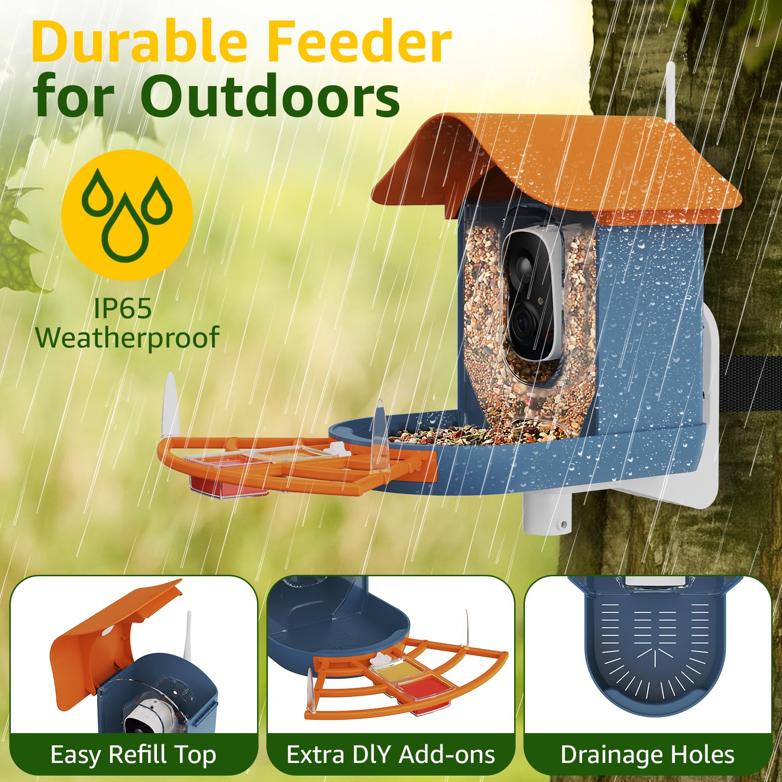 PeckCam weatherproof IP65 bird feeder stands up to rain and snow