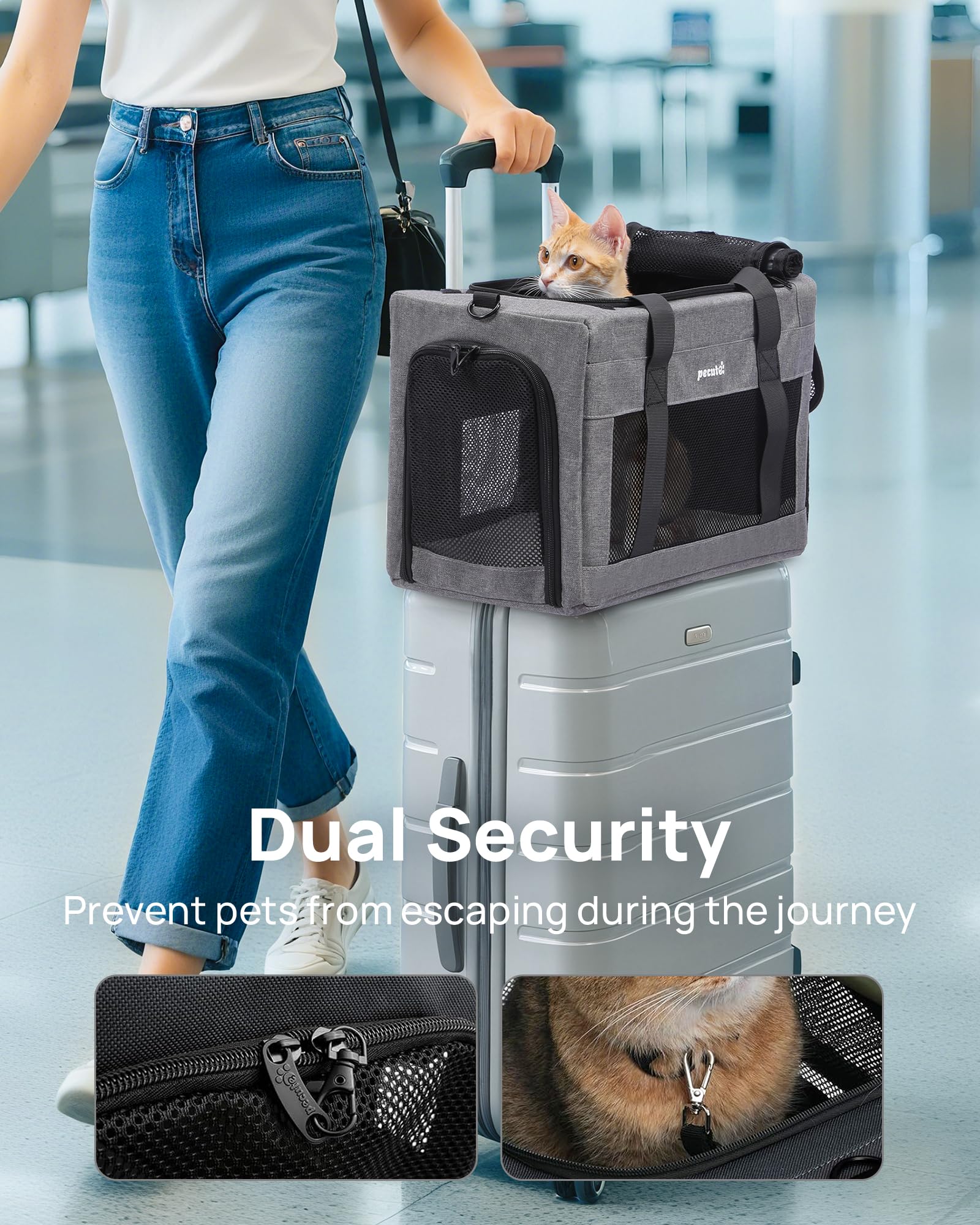 Pecute cat carrier with lockable zippers for secure on-board use