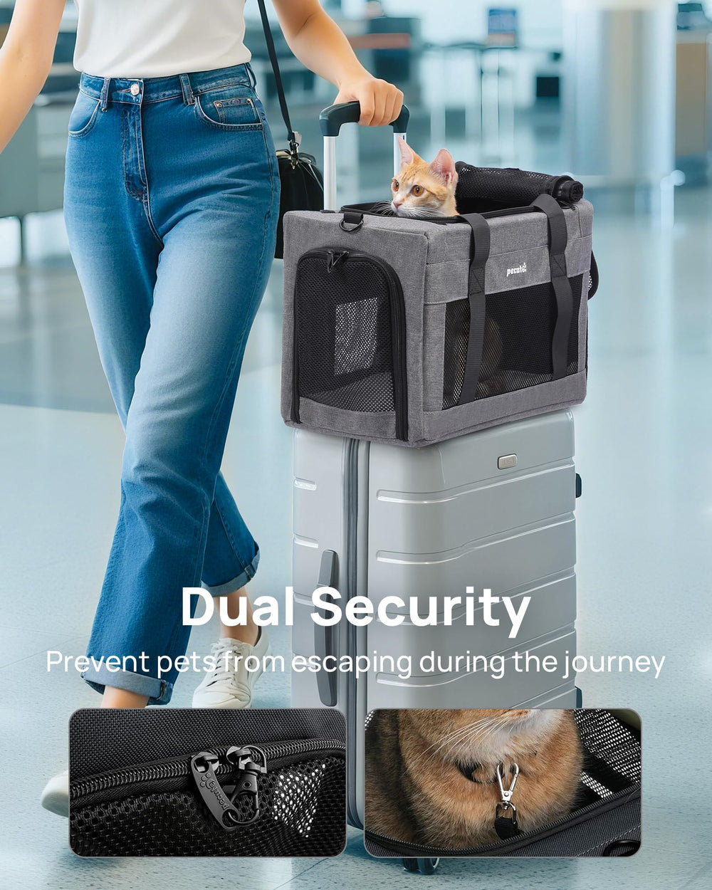 Pecute cat carrier with lockable zippers for secure on-board use