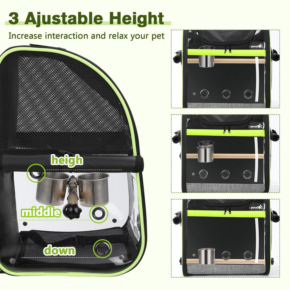 Pecute Bird Carrier Backpack adjustable perch with three heights for comfort.