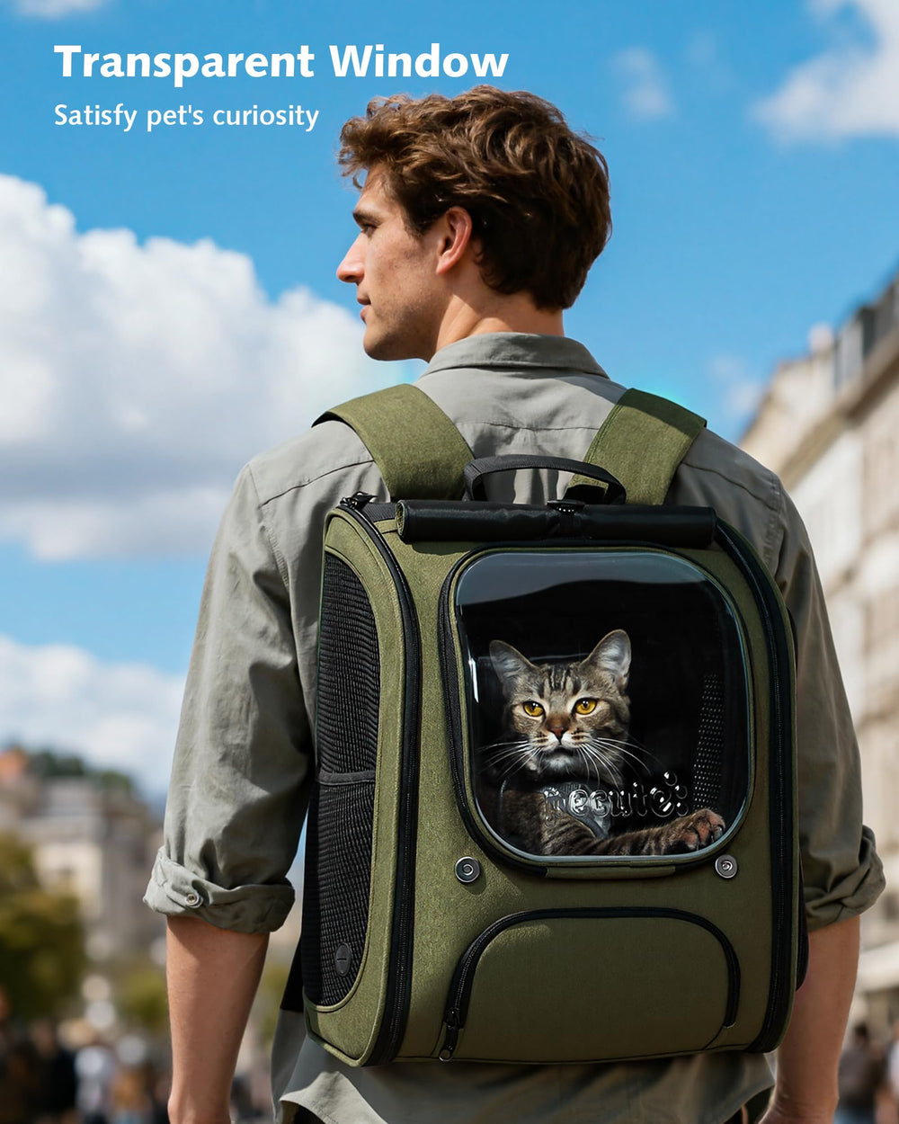 Pecute cat backpack bubble window closeup highlights safe observation during trips.
