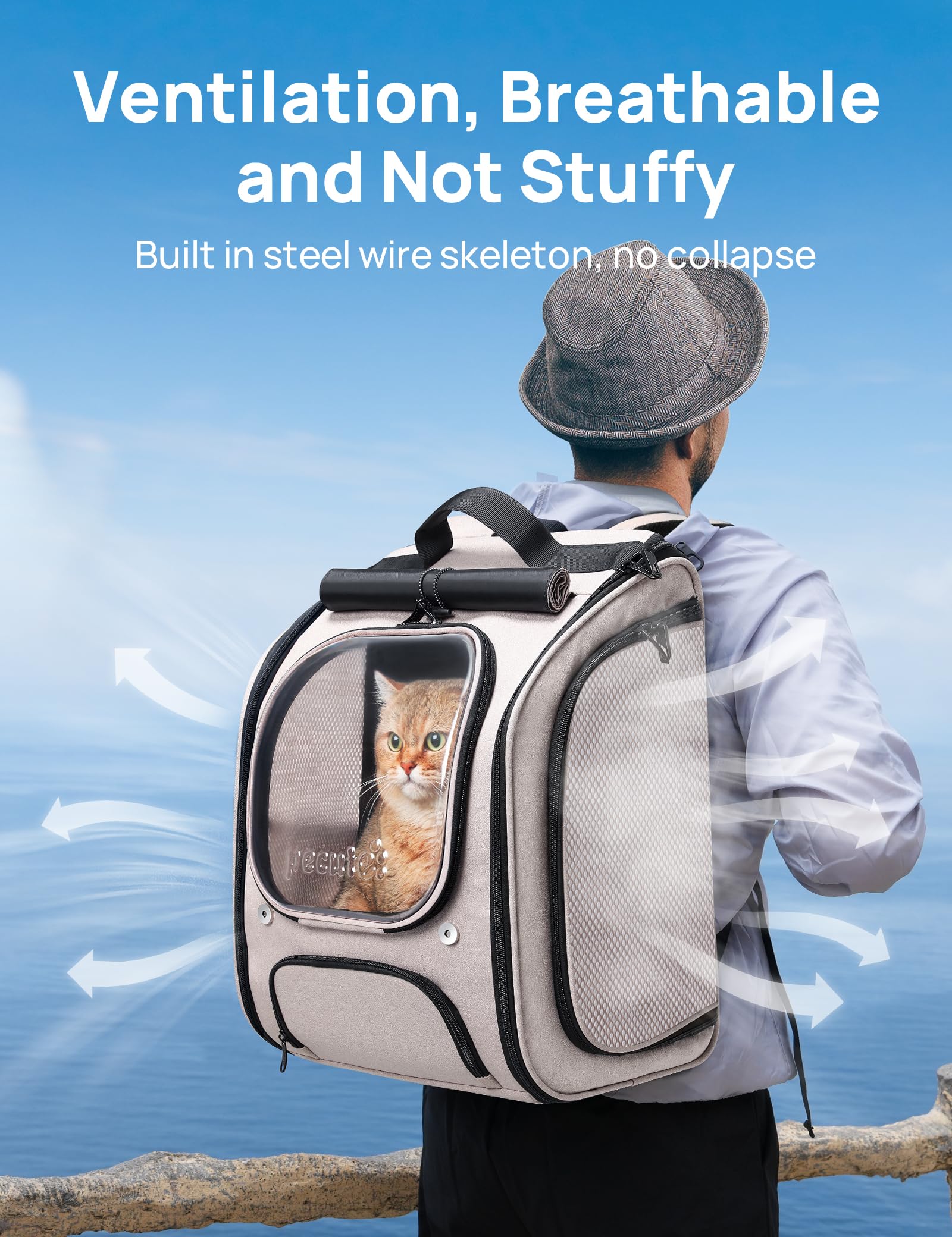 Pecute cat backpack bubble window emphasizes airflow and a comforting view for pets.