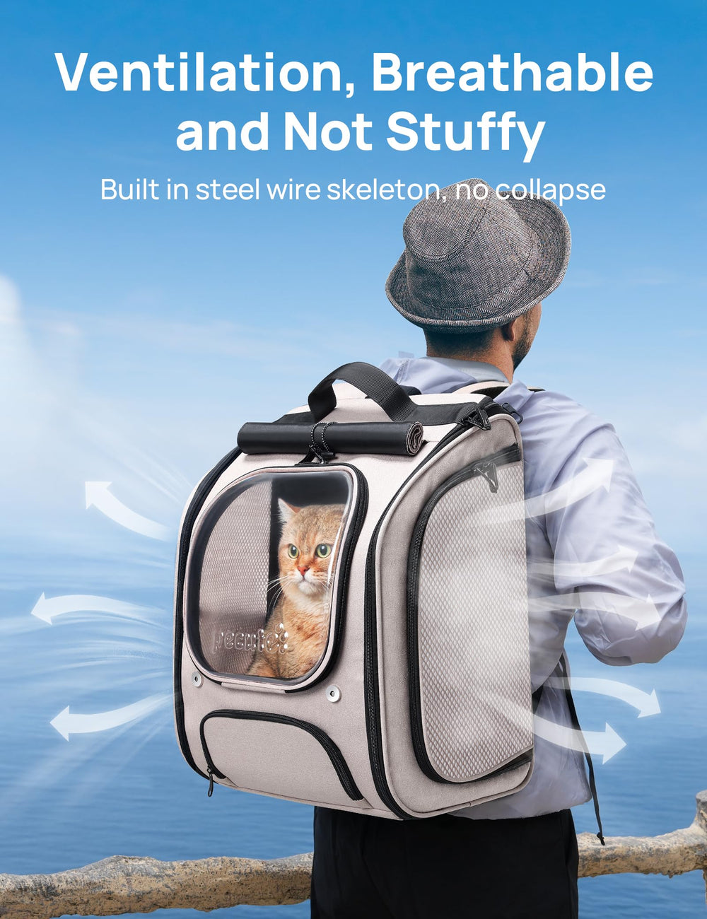 Pecute cat backpack bubble window emphasizes airflow and a comforting view for pets.