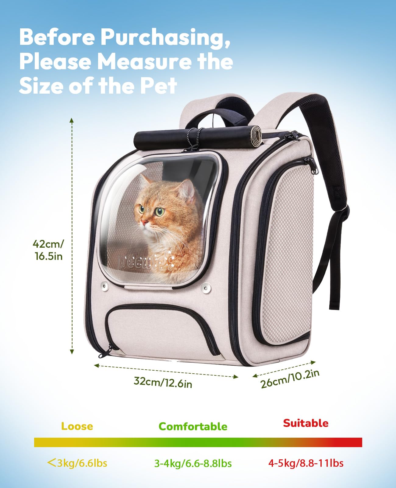 Pecute cat backpack dimensions help buyers ensure a proper fit.