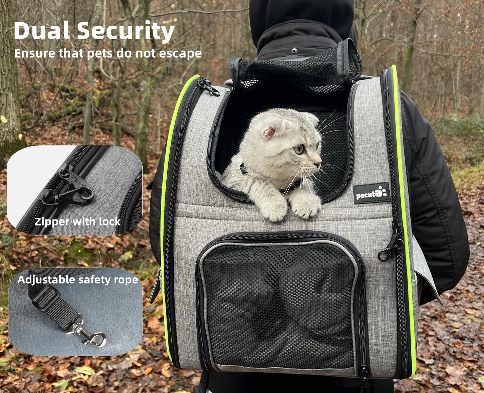 Pecute safety zipper image emphasizes lock-type design to prevent curious escapes