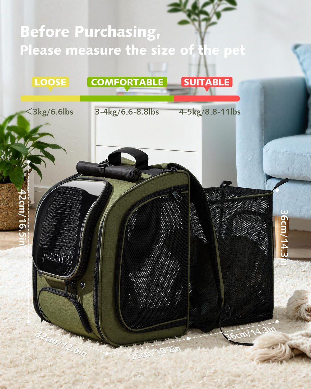 Pecute cat backpack size guide helps pick the right fit.