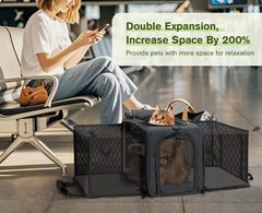Pecute cat carrier expandable interior space shows room to stretch during travel.