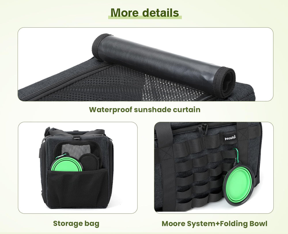 Pecute cat carrier front ribbon attachment demonstrates accessory compatibility.