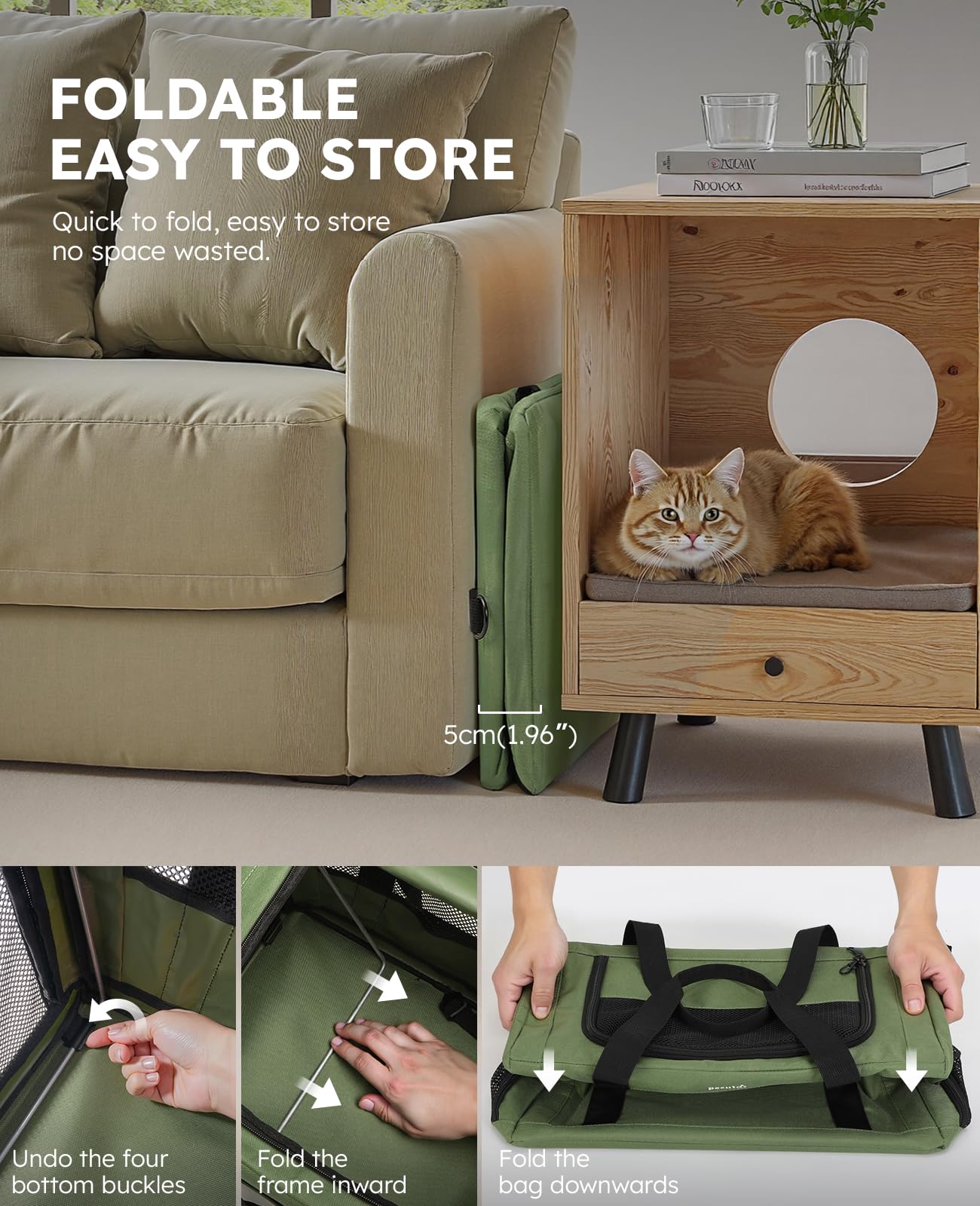 Pecute cat carrier green exterior side view in travel-ready design.