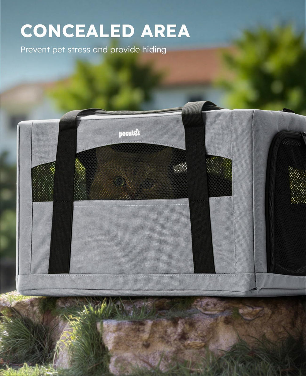 Pecute cat-carrier-scientific-partitioning breathable zones and hiding spots for calm