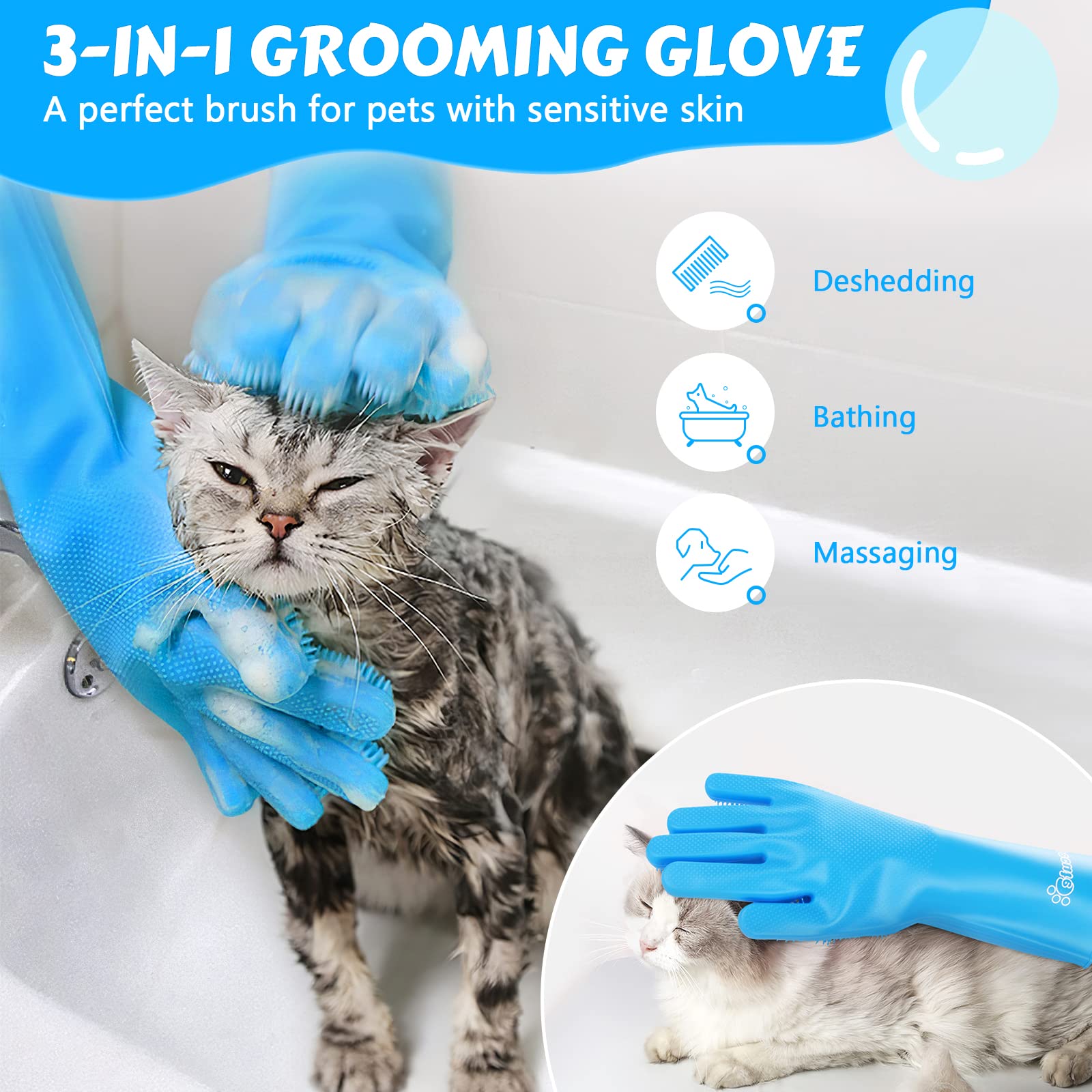 Pecute cat grooming gloves brush-heads close-up showing high-density silicone bristles.
