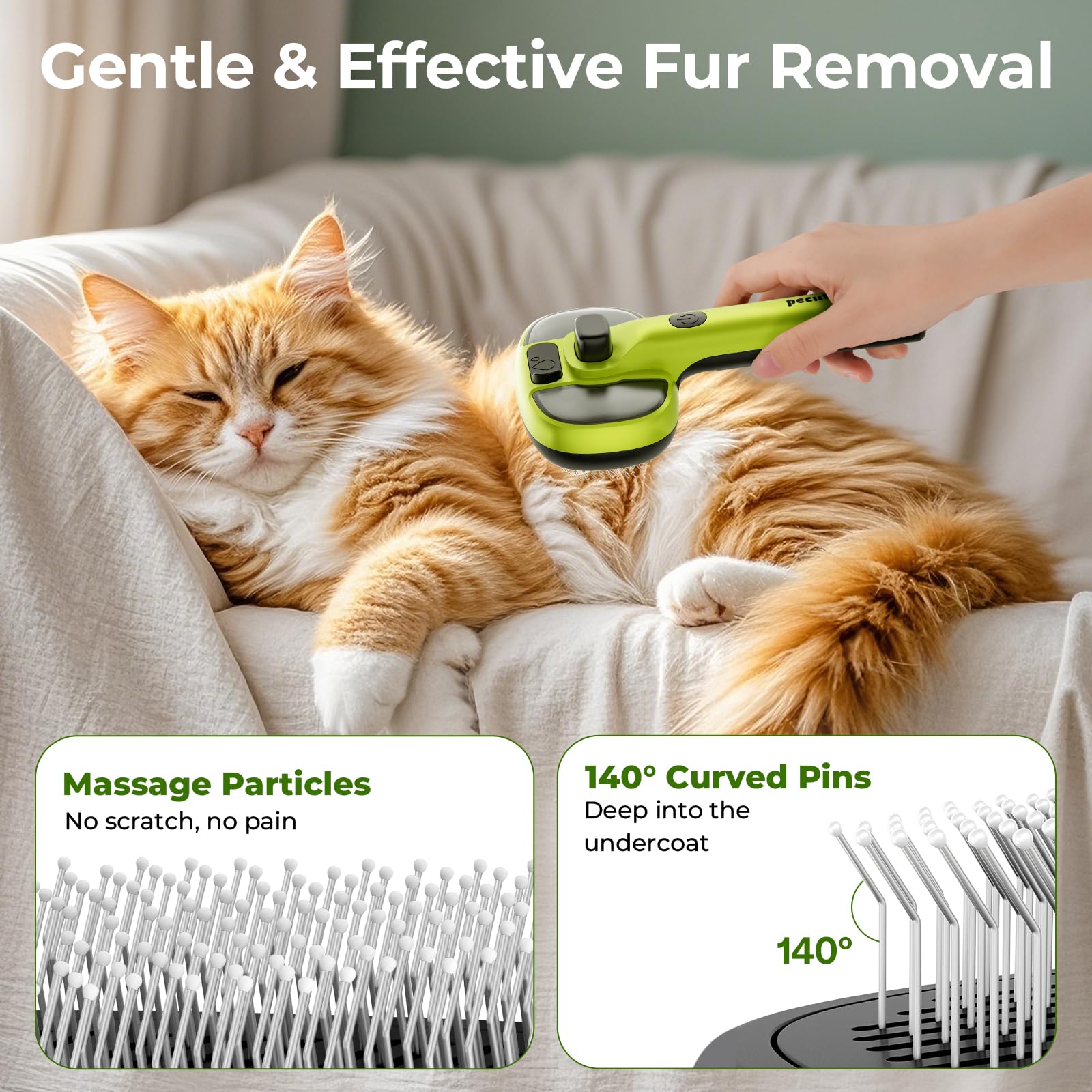 Pecute cat steam brush bristle-detail – fine stainless bristles pick up loose fur gently.