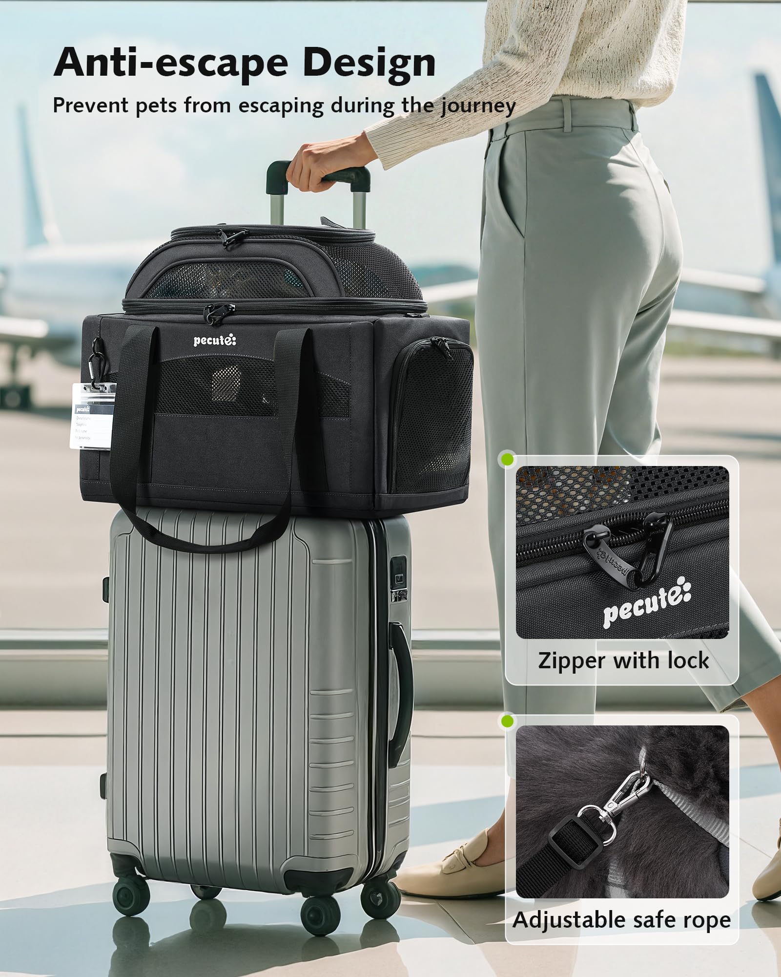 Pecute clip-on safety leash connects to harness to prevent escapes on the move