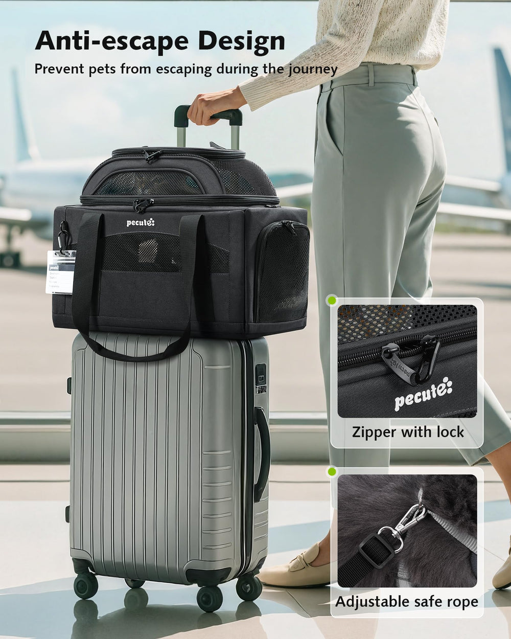 Pecute clip-on safety leash connects to harness to prevent escapes on the move