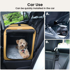 Pecute dog car crate shown in car seat setup for secure travel.