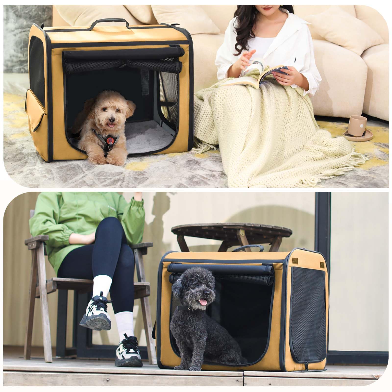 Pecute dog car crate demonstrated as outdoor tent for portable shelter.