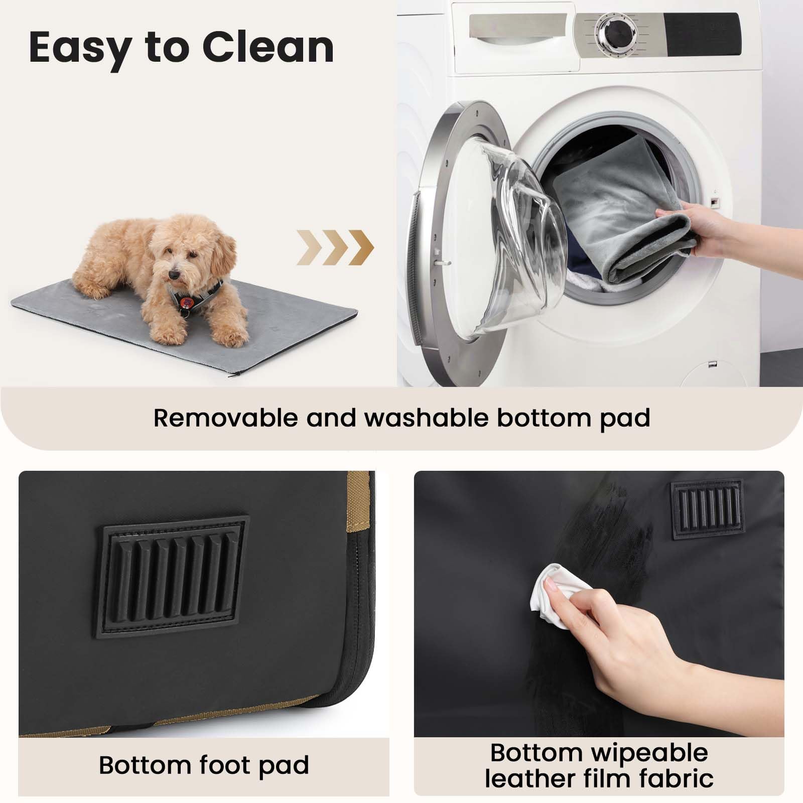 Pecute dog car crate removable cushion and wipeable bottom for quick cleaning.