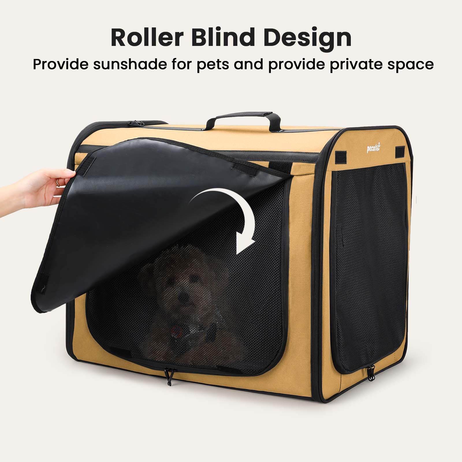 Pecute dog car crate with lockable zippers and safety belts for secure transport.