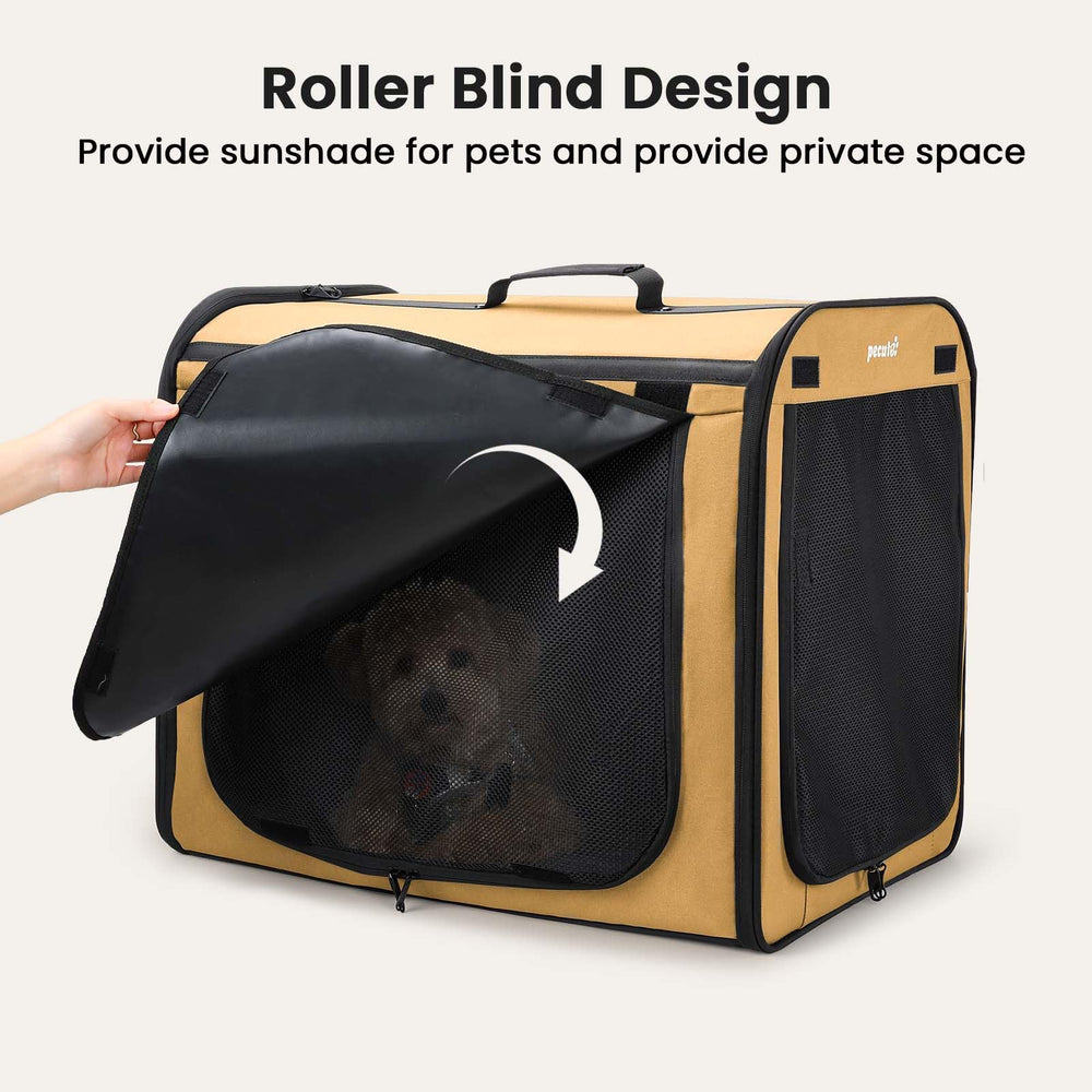Pecute dog car crate with lockable zippers and safety belts for secure transport.