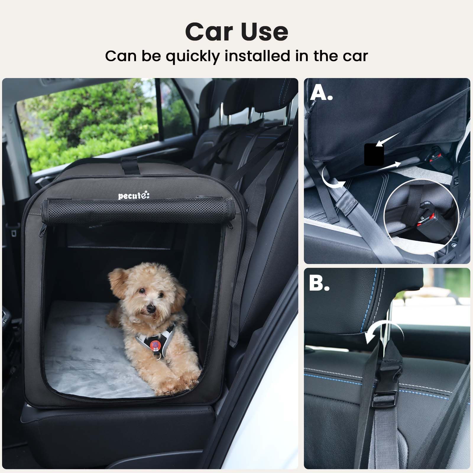 Pecute dog carrier with lightweight steel-frame for easy car travel.