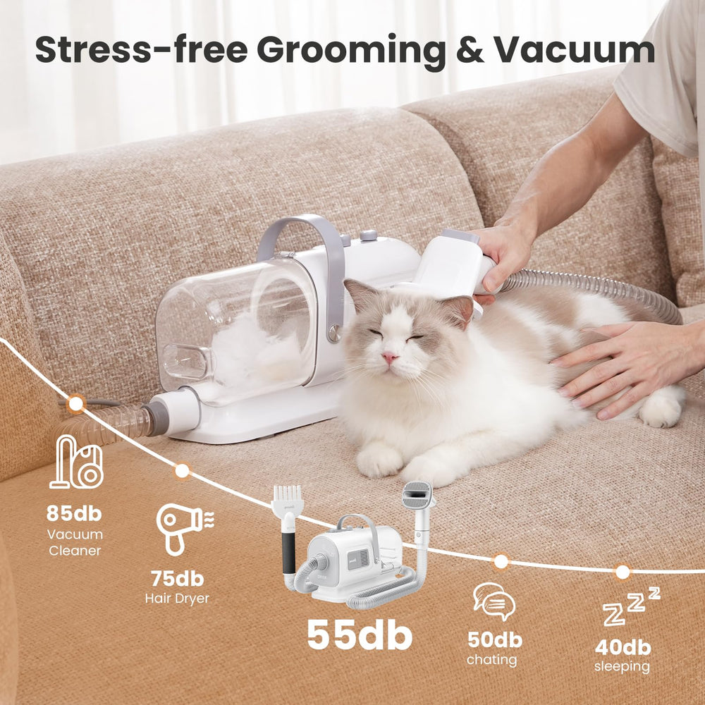 Pecute grooming roller and suction nozzle remove residual fur from surfaces.