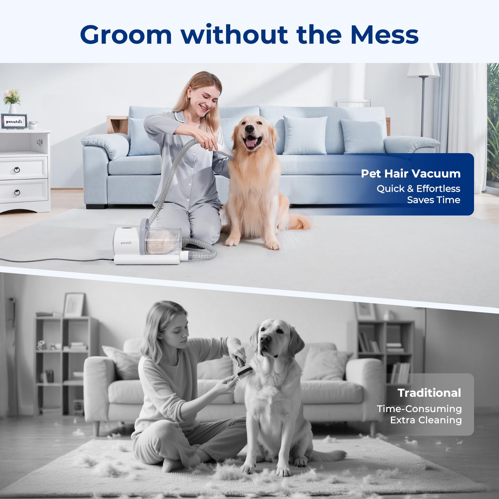 Pecute dog grooming vacuum attachments demonstrate versatility for trimming, brushing, and collecting fur