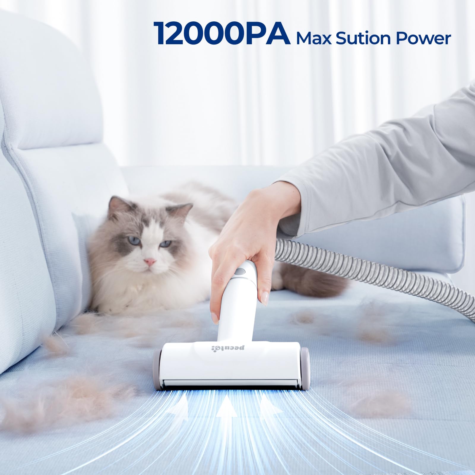 Pecute dog grooming vacuum brush attachment lifts loose fur from fabric and clothing