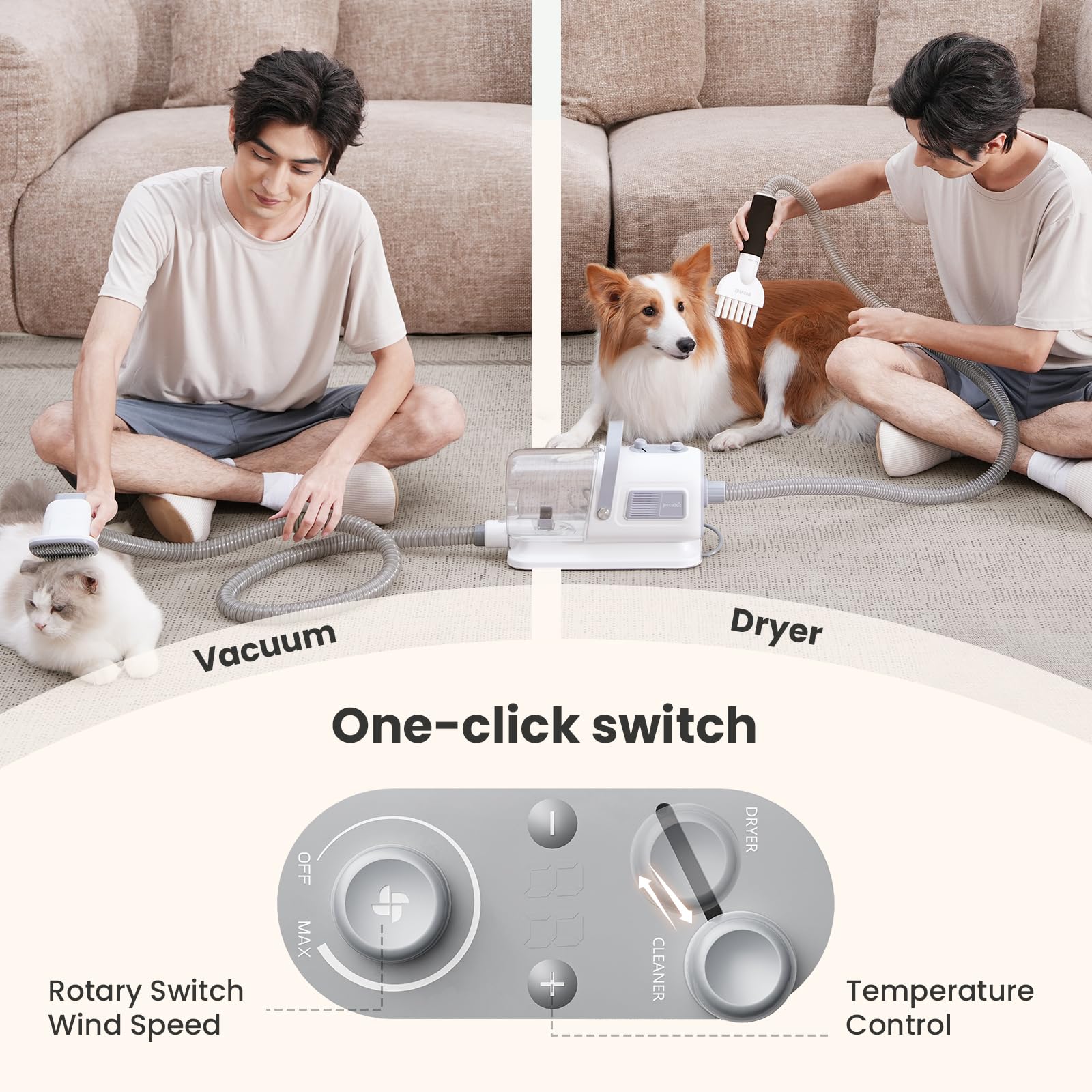 Pecute 1.7L dust cup collects fur during grooming.