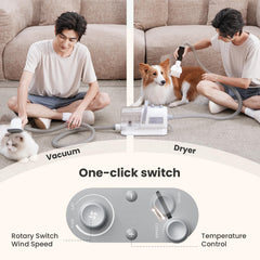 Pecute 1.7L dust cup collects fur during grooming.
